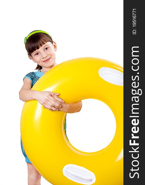 The girl with a yellow rubber ring on a white background. The girl with a yellow rubber ring on a white background