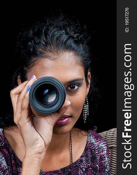 Beautiful East Indian Woman With Camera Lens