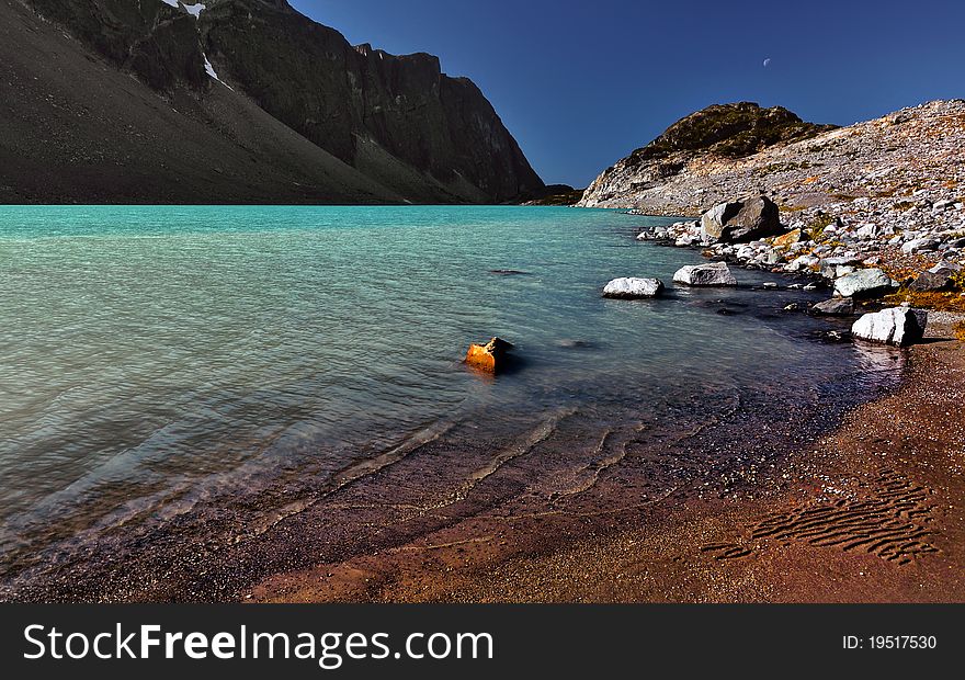 Sandy beach of crystal clear Wedgemount Lake, BC, Canada. Sandy beach of crystal clear Wedgemount Lake, BC, Canada.