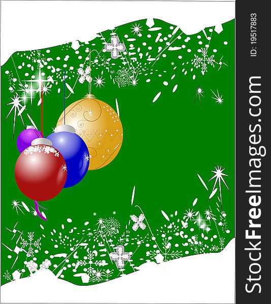 Christmas greeting card with balls and snow as well as in 3d on green background. Christmas greeting card with balls and snow as well as in 3d on green background