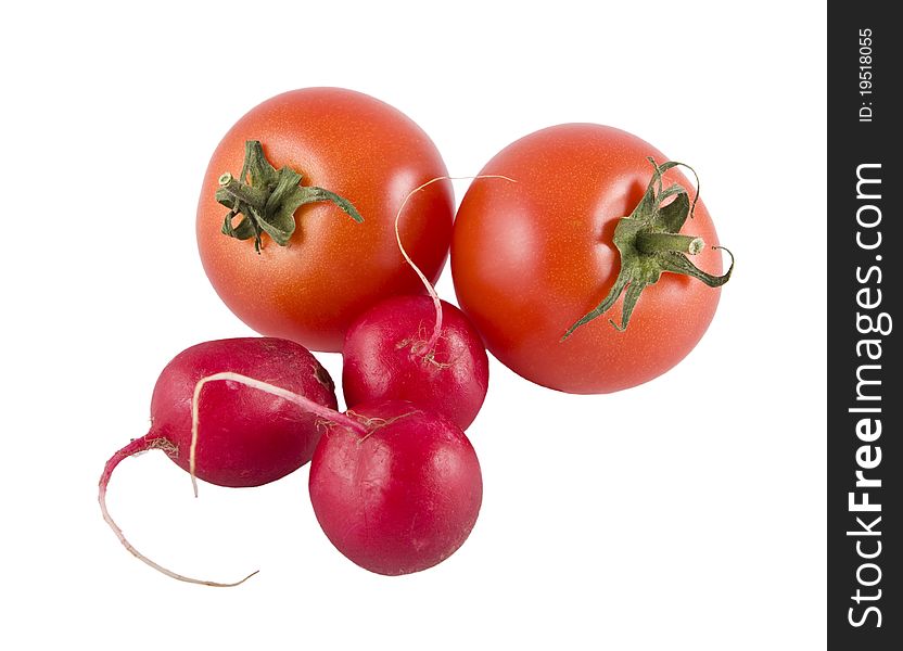 Tomatoes and radish on a white background