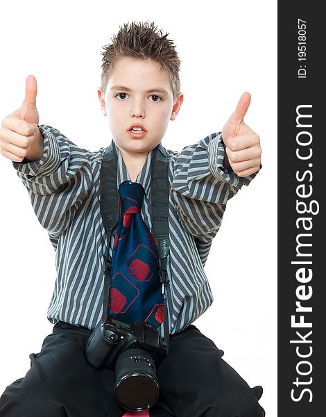 Portrait of boy with camera isolated on white. Portrait of boy with camera isolated on white