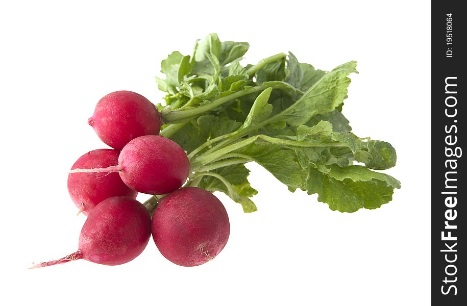 Garden radish with green leaves on a white background