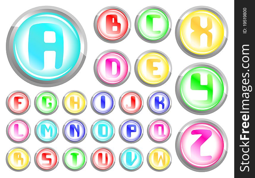 Vector transparent buttons alphabet on a white background