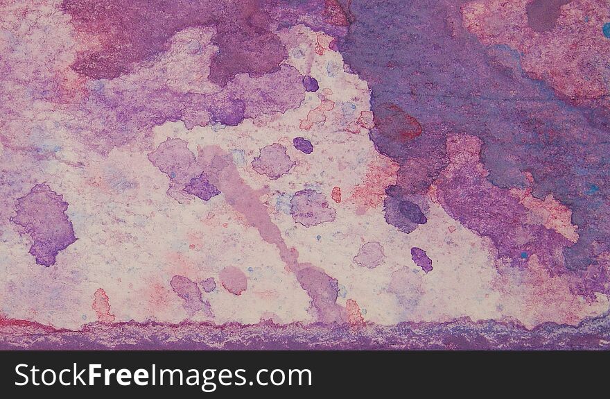 Closeup of abstract watercolor painting, background of mix of colors, purple, red, blue, pink