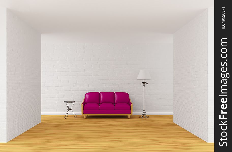 Purple couch, table and standard lamp in gallery's hall. Purple couch, table and standard lamp in gallery's hall