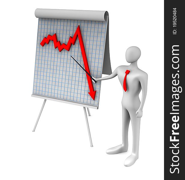 Businessman and diagram of crisis isolated over white