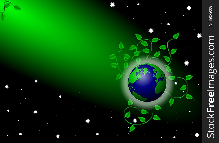 Abstract illustration of the earth under green spotlight with wines all around the earth