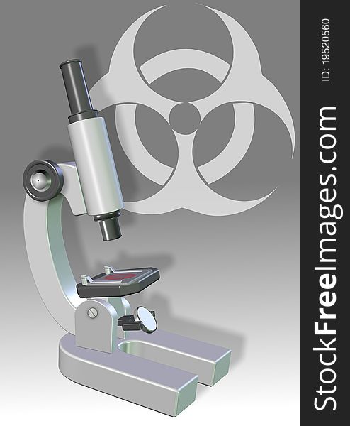 An illustration of a microscope and biohazard symbol with grey and white background