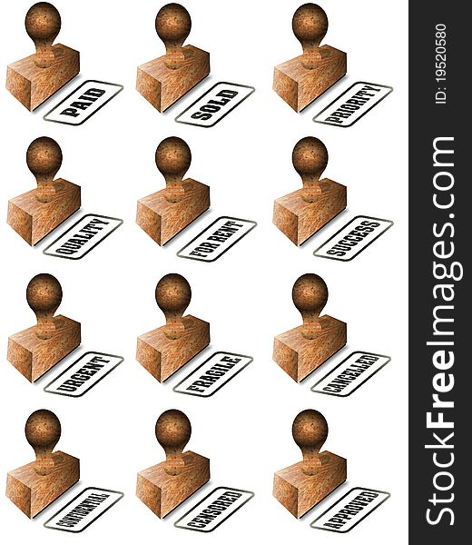 A collection of wooden rubber stamps on a white background. A collection of wooden rubber stamps on a white background