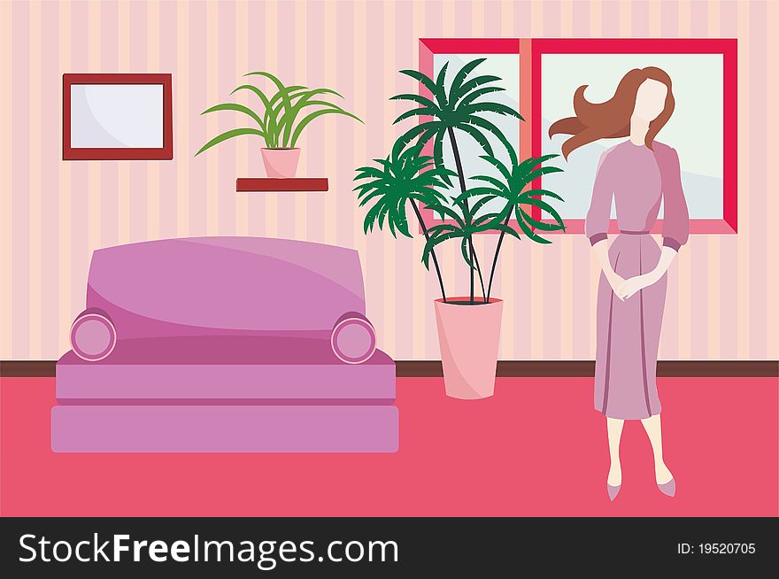 Illustration of interior of the apartment. Sofa, palm, striped wallpaper, woman. Illustration of interior of the apartment. Sofa, palm, striped wallpaper, woman.