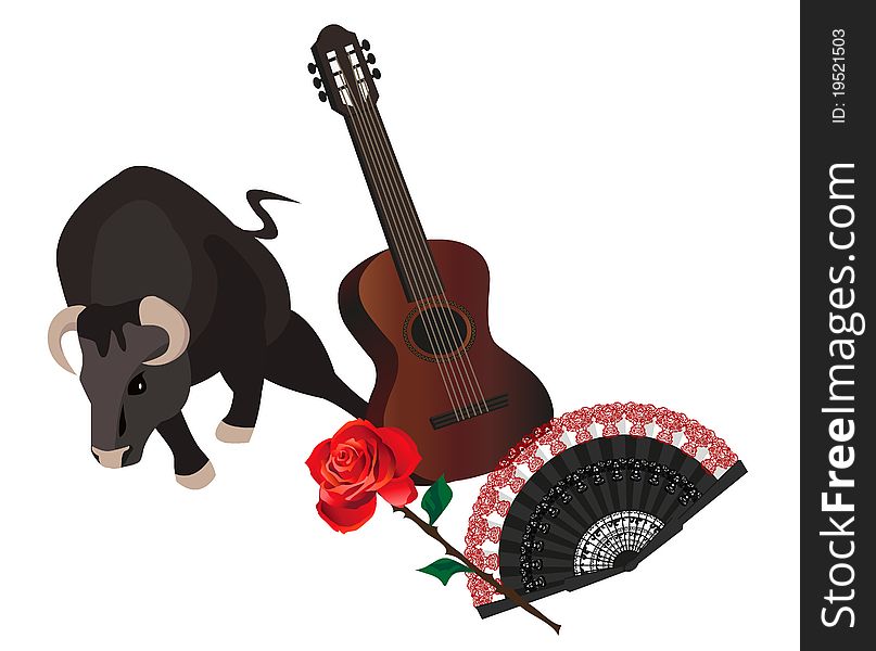 Illustration with a bull, spanish guitar, fan and rose. Illustration with a bull, spanish guitar, fan and rose