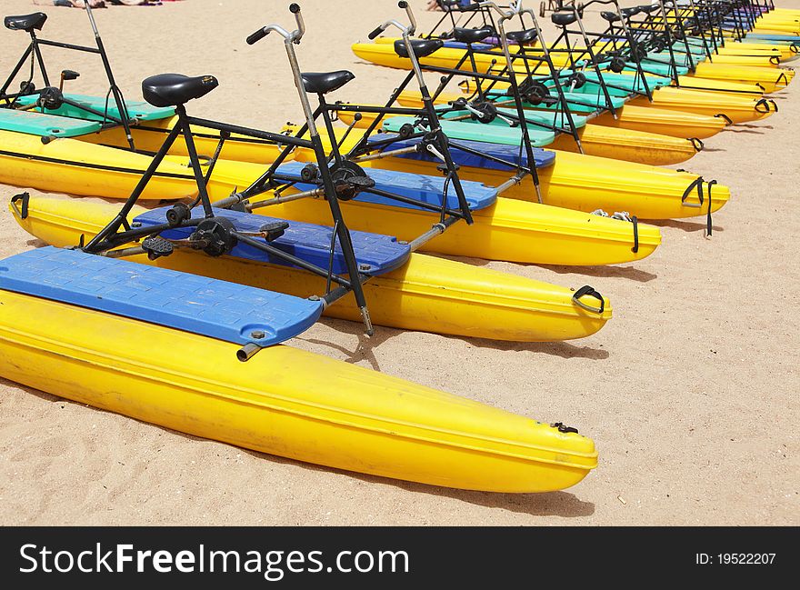 Recreational water bikes on beach