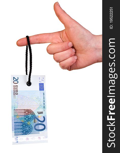 20 Euro banknote tag hanging on finger isolated on white. 20 Euro banknote tag hanging on finger isolated on white