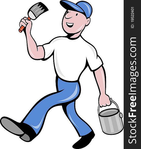 Illustration of a House painter with paintbrush and holding a paint can walking isolated on white done in cartoon style