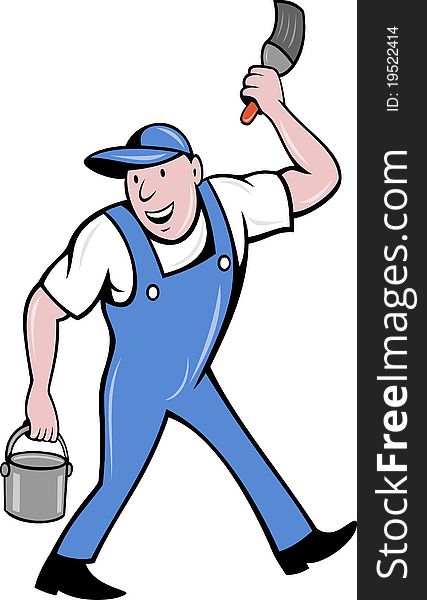Illustration of a House painter with paintbrush and holding a paint can walking isolated on white done in cartoon style