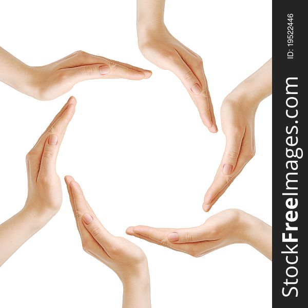 Female hands forming the recycling symbol on white background