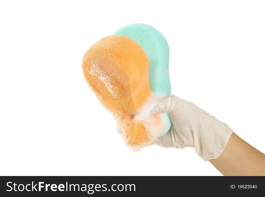 Hand in white glove with 2 sponge. Hand in white glove with 2 sponge