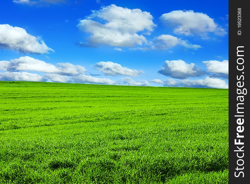 Green field over blue sky with clouds