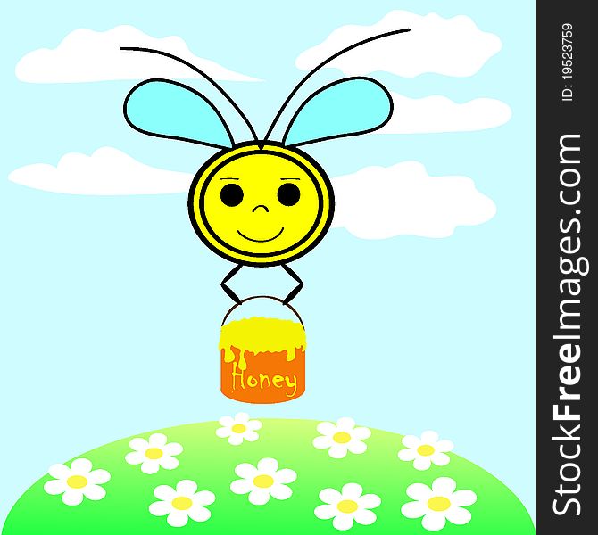 Flying bee holding a pot with honey. Vector illustration. EPS8