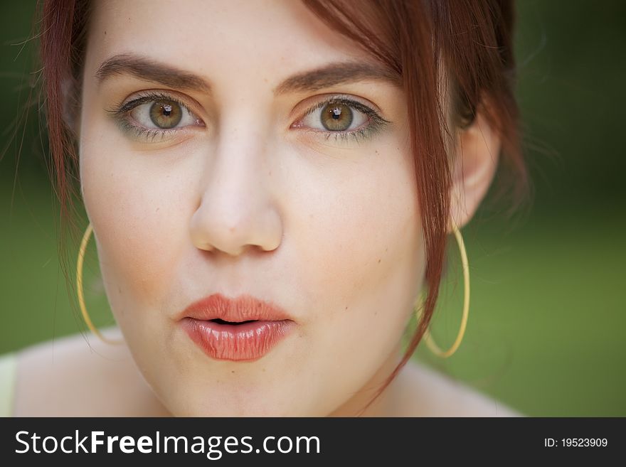 Close-up portrait of surprised young woman, face expression. Close-up portrait of surprised young woman, face expression