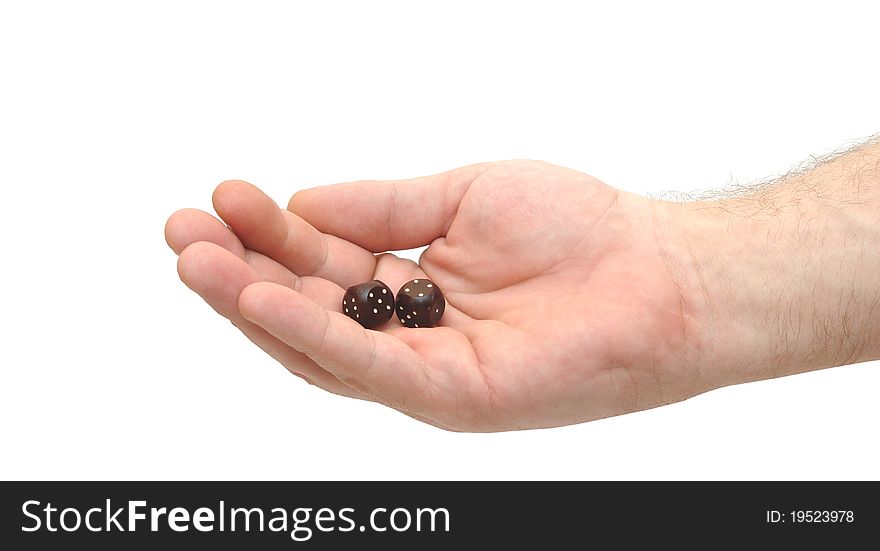 Hand throwing two dices isolated on white background