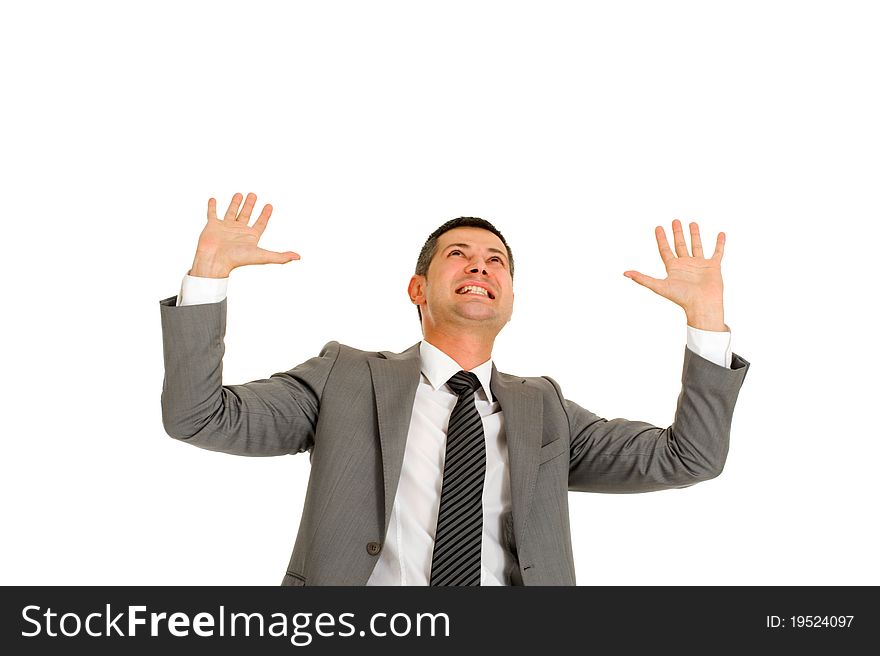 Businessman with hands up in white background