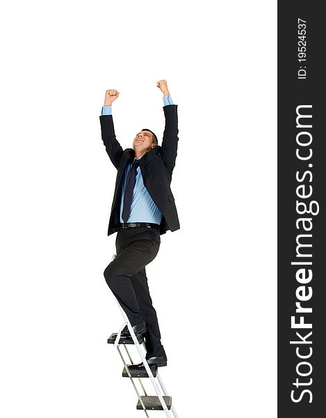 Businessman on a ladder in white background