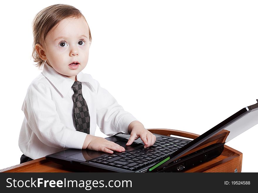 Cute Baby Businessman Working On His Laptop