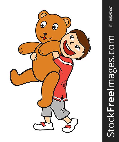A boy playing with the big plush bear. A boy playing with the big plush bear