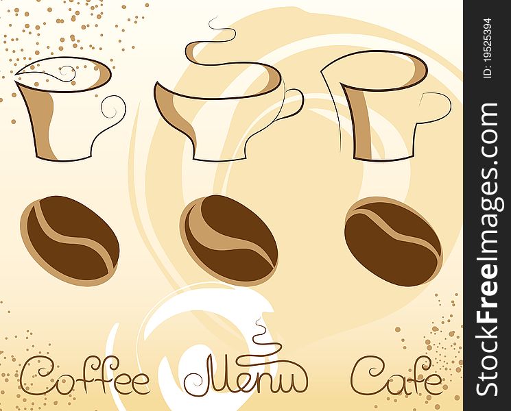 Set with coffee stylized elements of cups, grains and inscriptions