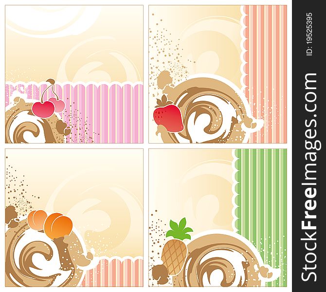 Set of backgrounds with a dairy dessert, fruit and chocolate