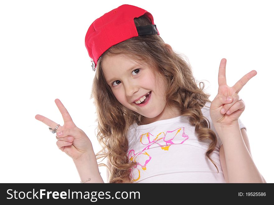 Young girl white V sign over white