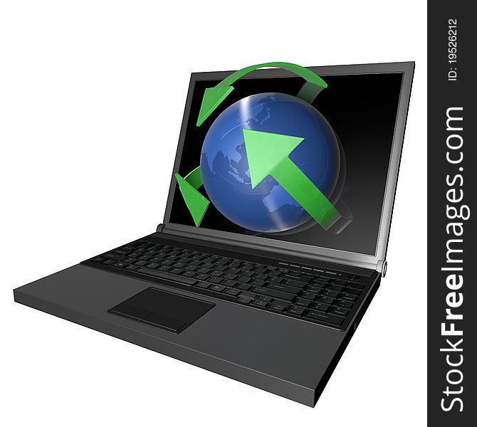 3d Laptop with globe and green arrow