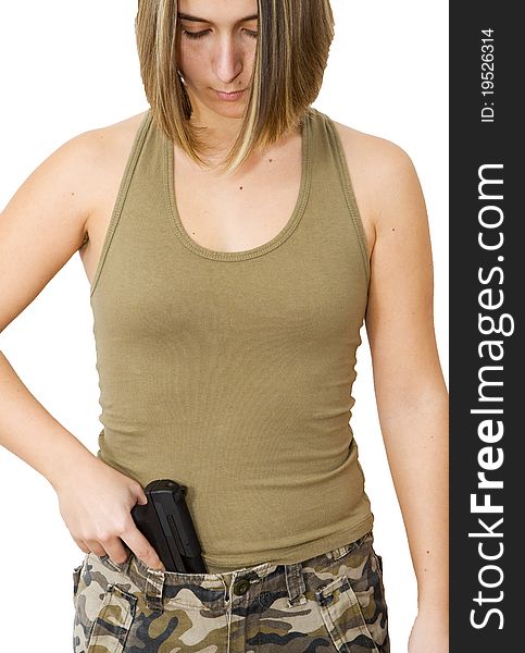 Woman with a gun isolated on a white background