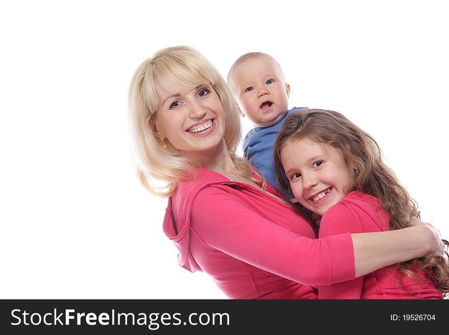 Mother And Two Chidren Over White