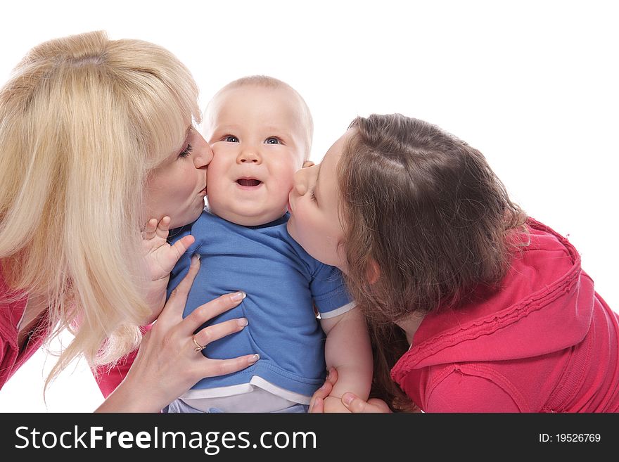 Mother And Two Chidren Over White