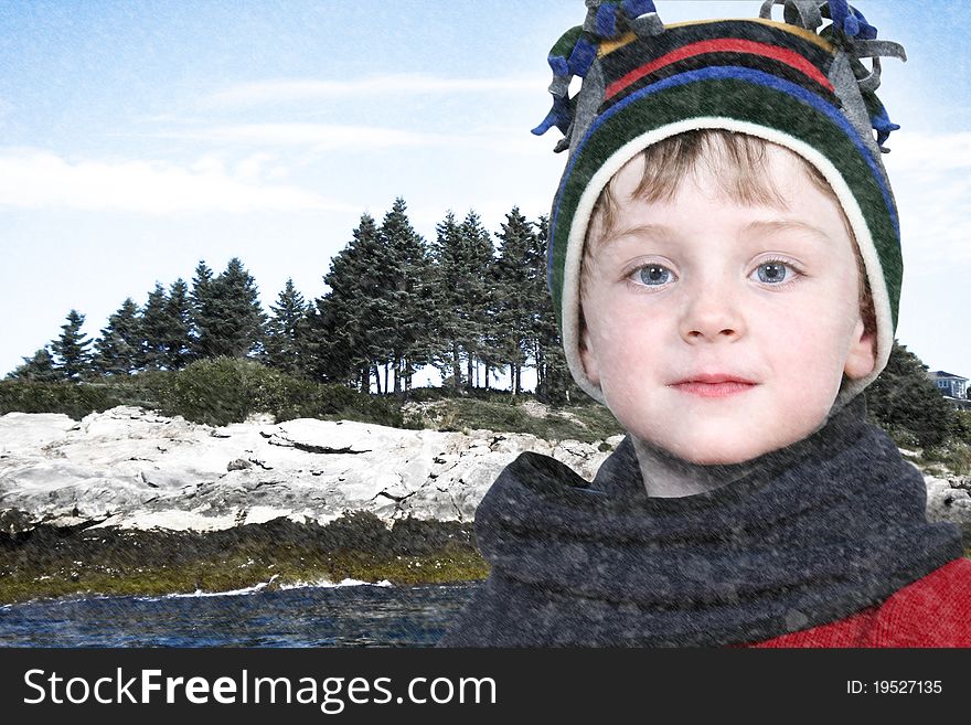 Happy Boy in Winter Clothes at Lake Park in Snow