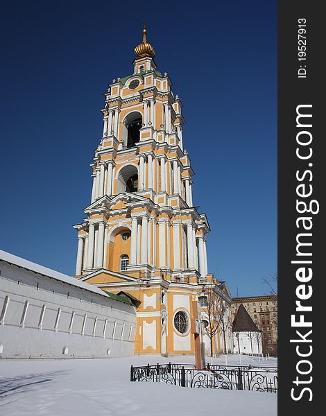 Russia, Moscow. Novospassky monastery stavropigial′nyj. Bell Tower of the Temple of St. Sergius of  Radonezh. Russia, Moscow. Novospassky monastery stavropigial′nyj. Bell Tower of the Temple of St. Sergius of  Radonezh.