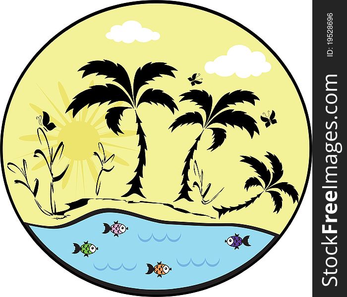 Summer icon with palm tree,sea and fish.