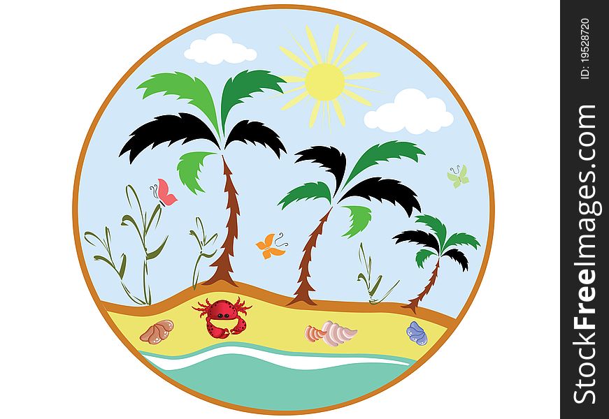Summer icon with palm tree,sea and shell