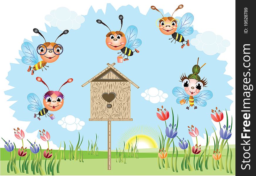 Funny bees and beehive,outdoor