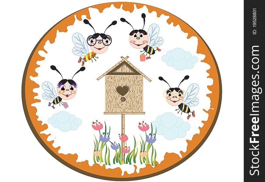 Funny bees and beehive,round icon