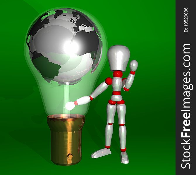 Character's illustration with bulb and planet earth. Character's illustration with bulb and planet earth
