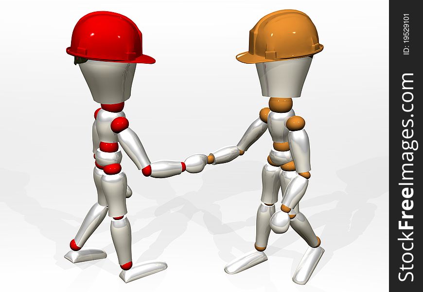 Two characters' illustration being shaken hands with worker's helmet. Two characters' illustration being shaken hands with worker's helmet