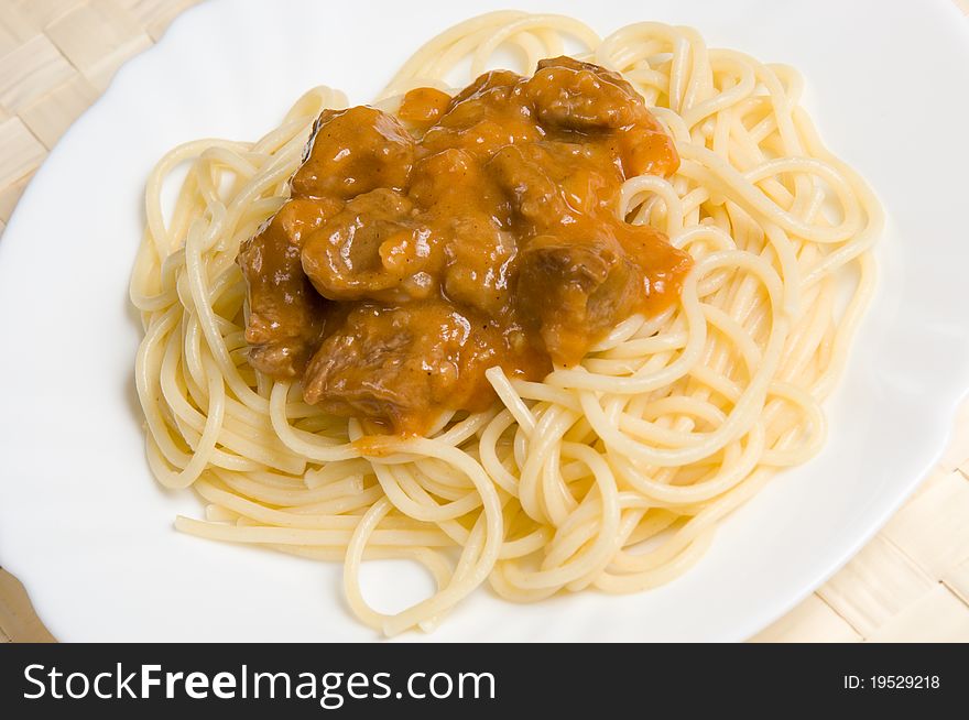 Macro of spaghetti with meat and sauce