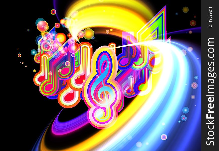 Dynamic interplay of abstract color forms and musical symbols on the subject of entertainment, sound and music. Dynamic interplay of abstract color forms and musical symbols on the subject of entertainment, sound and music