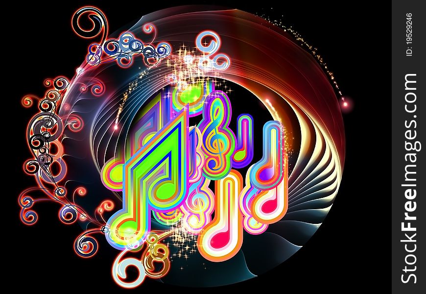 Dynamic interplay of abstract color forms and musical symbols on the subject of entertainment, sound and music. Dynamic interplay of abstract color forms and musical symbols on the subject of entertainment, sound and music