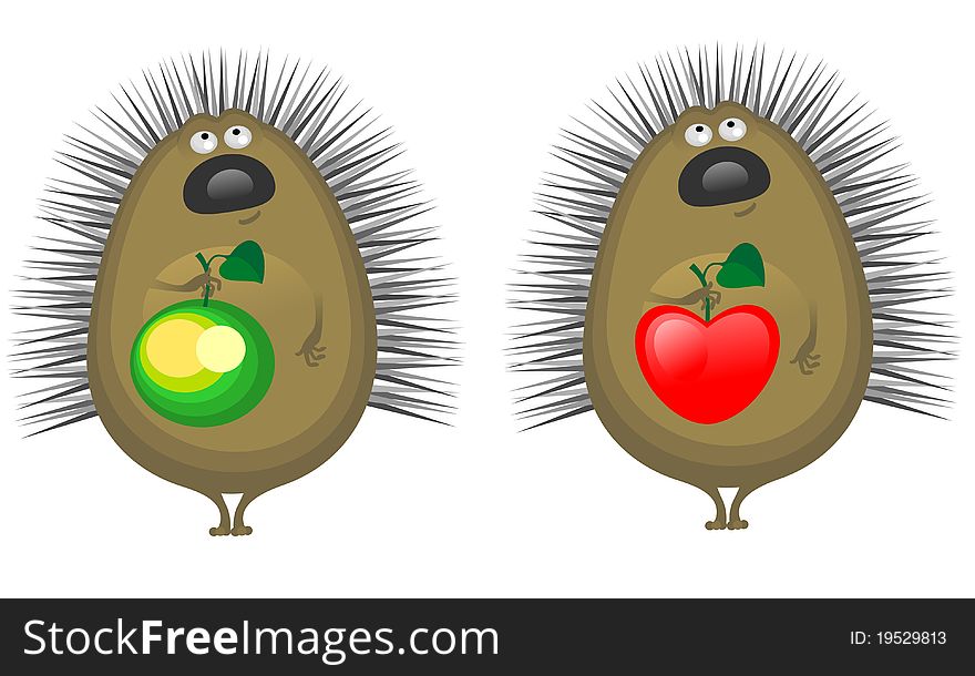 Hedgehog with apple and heart  isolated on a white background