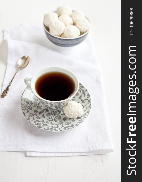 Dessert with tea over white table cloth. Dessert with tea over white table cloth